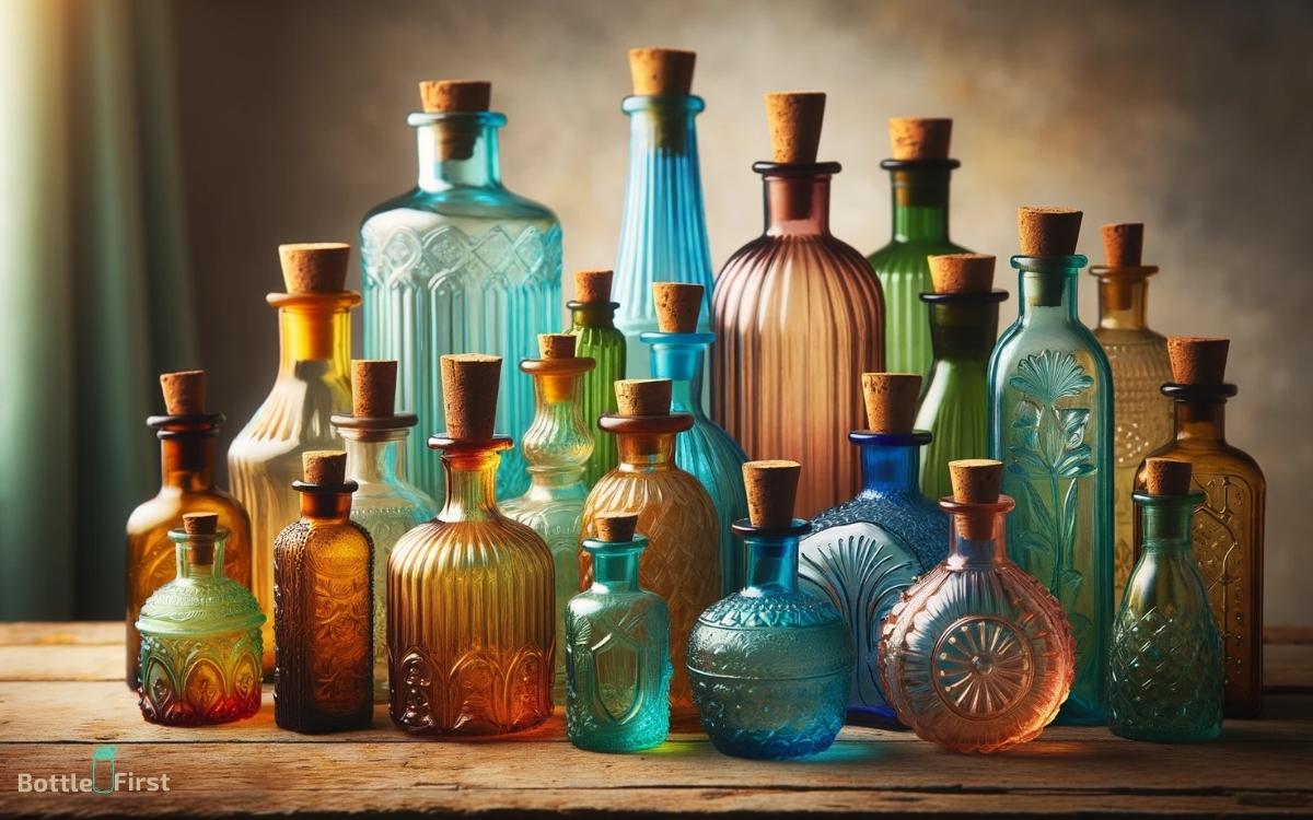 colorful vintage glass bottles with cork tops